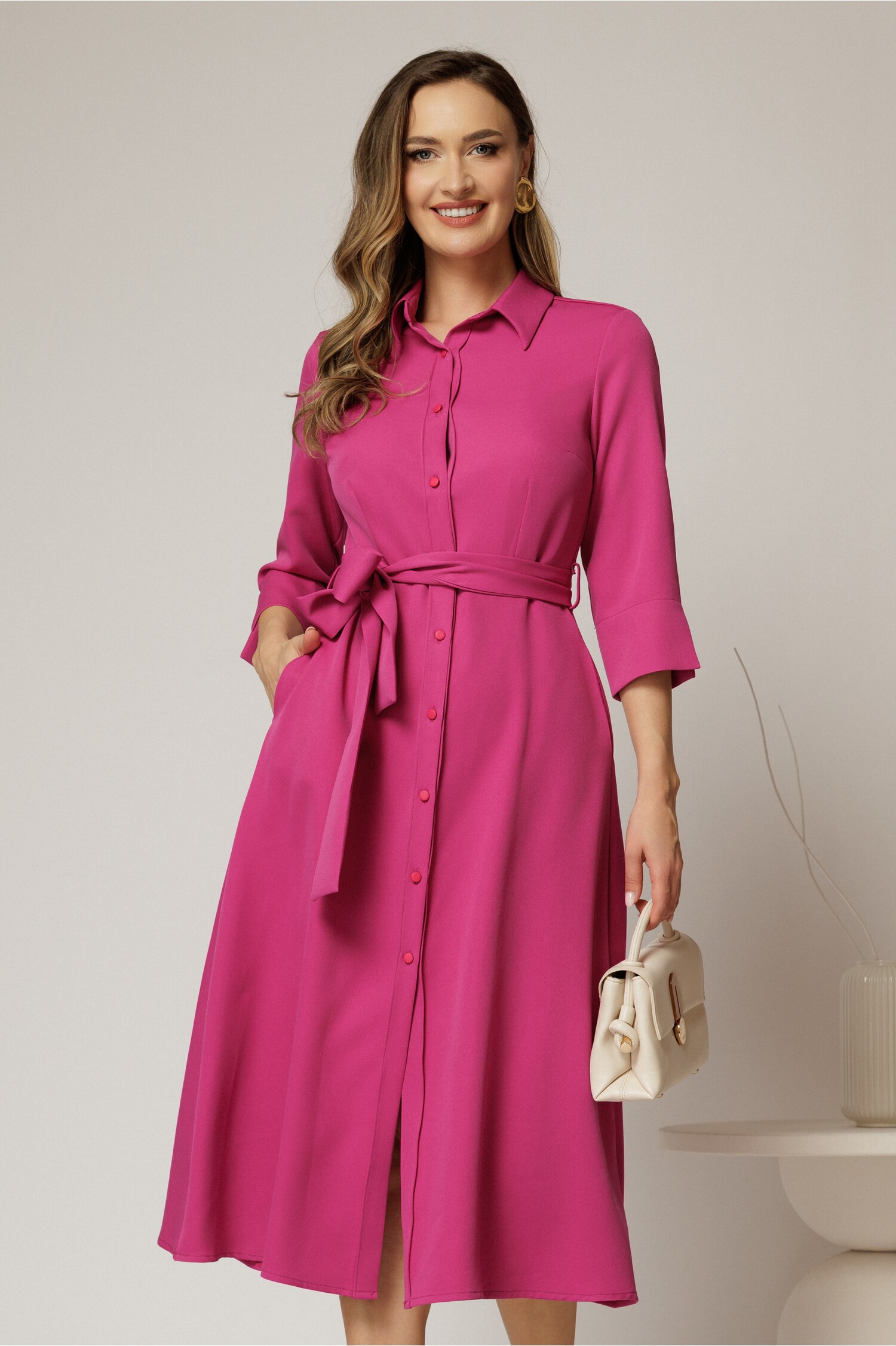 Rochie Midi Tip Cămășie Fucsia cu Cordon