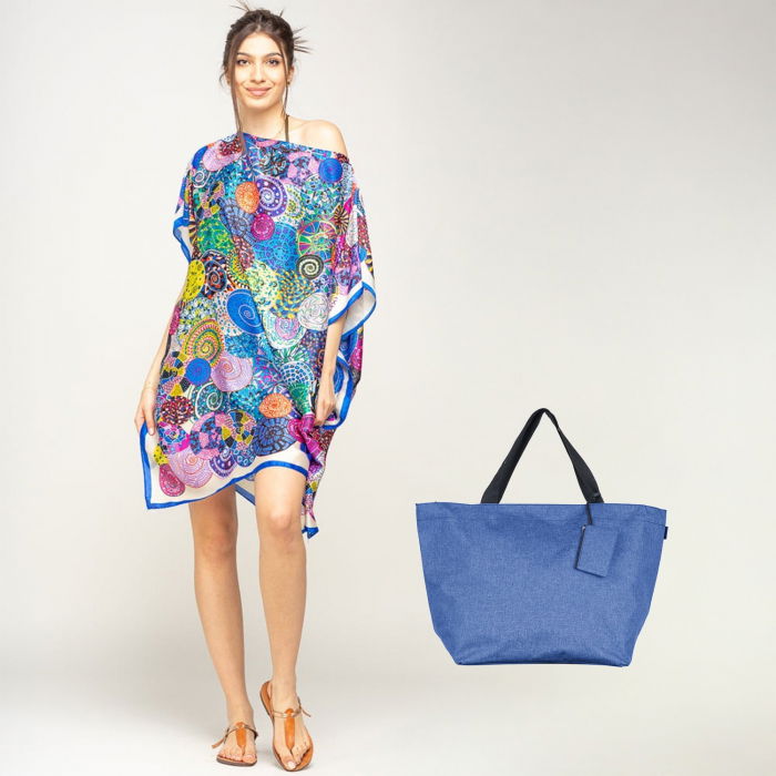 Set Rochie Poncho Mătase + Geantă Albastru Vară