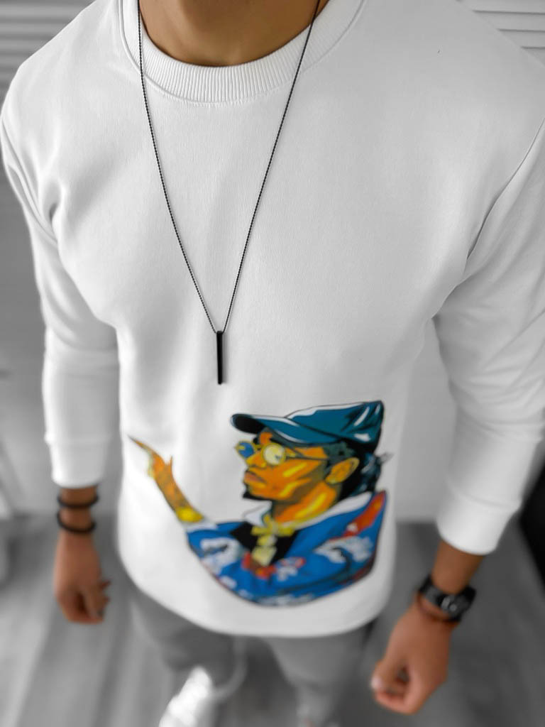 Bluză Bărbați Albă Slim Fit cu Imprimeu K214