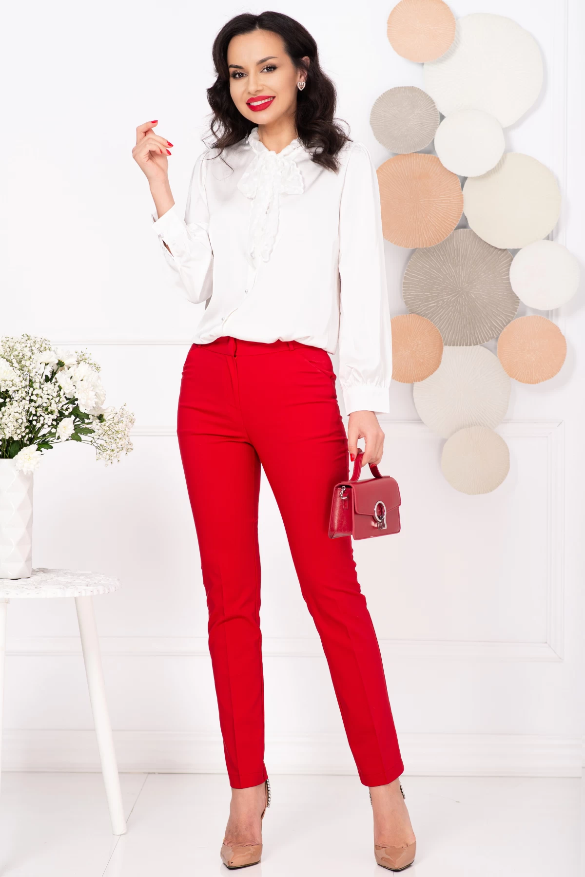 Pantaloni dama office rosii InPuff conici cu buzunare laterale