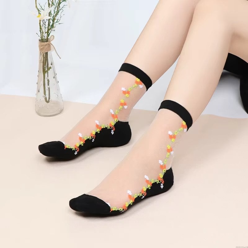 Sosete Dama Picadili Flori Alb/Negru - Confort