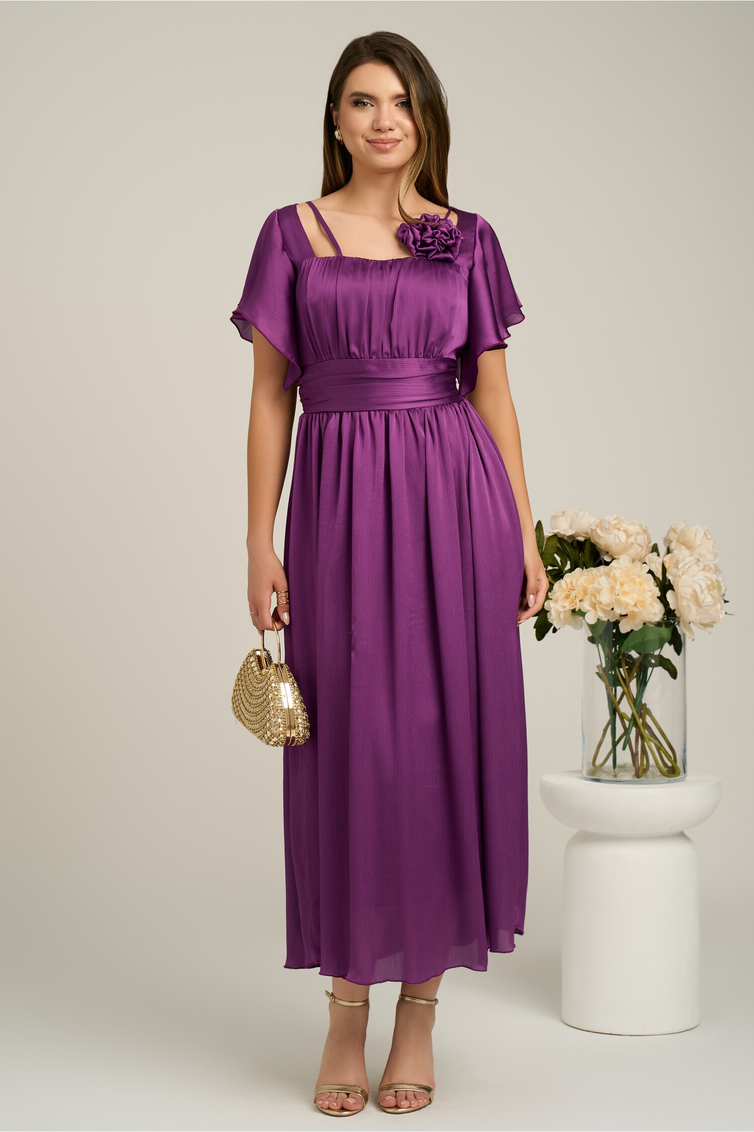 Rochie Lungă Mov Elegantă cu Detaliu Floral