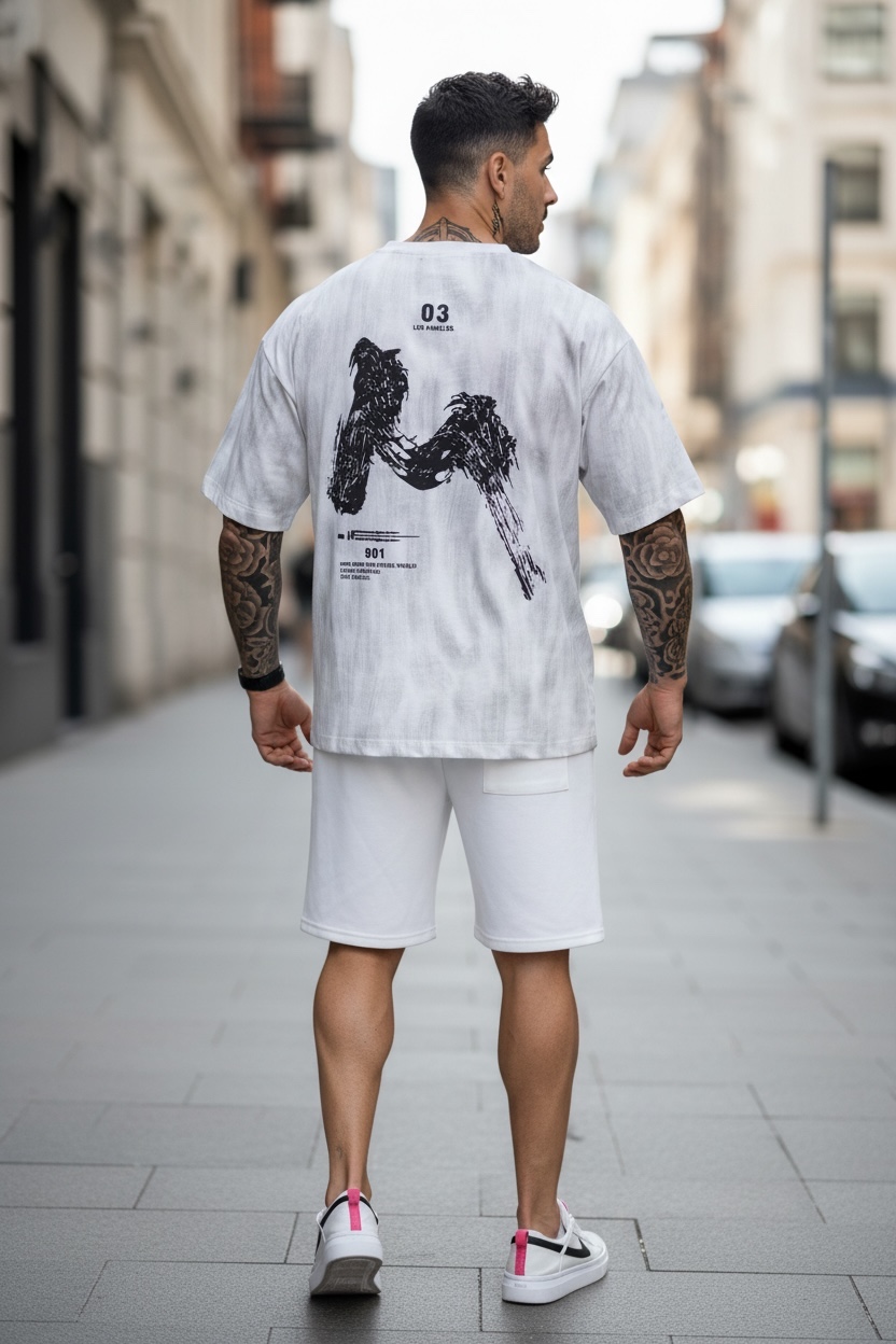 Compleu Vară Tricou și Pantaloni Alb cu Imprimeu