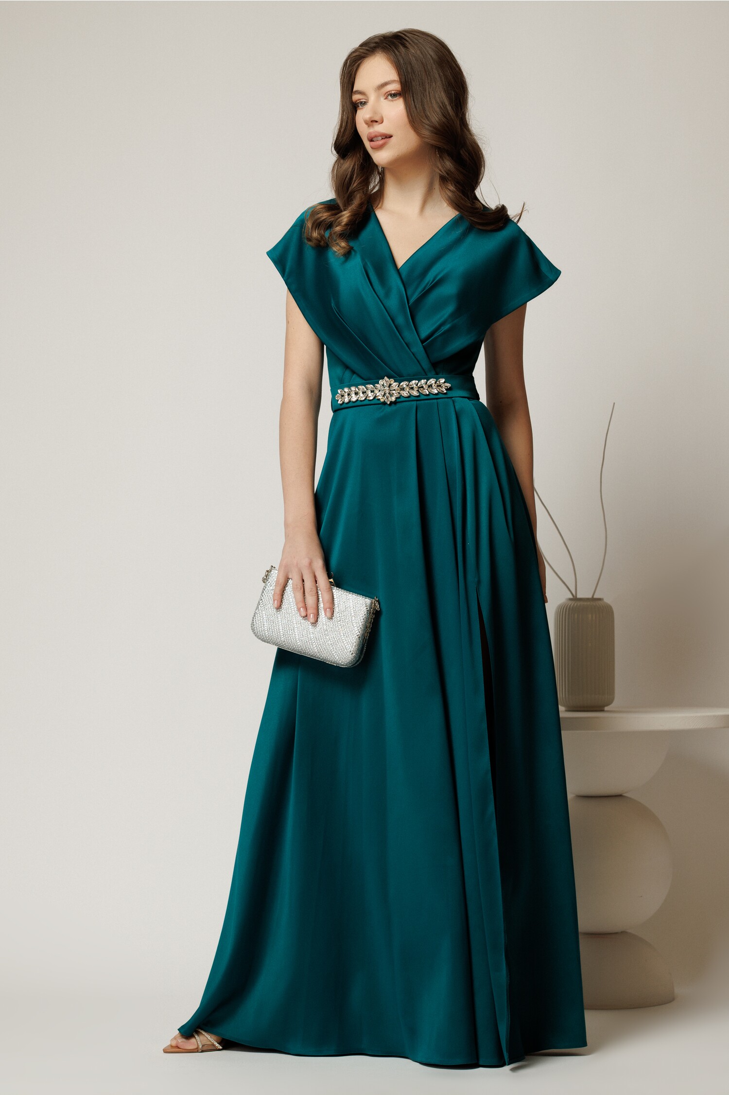 Rochie Lungă Seară Verde Tafta | Eleganță