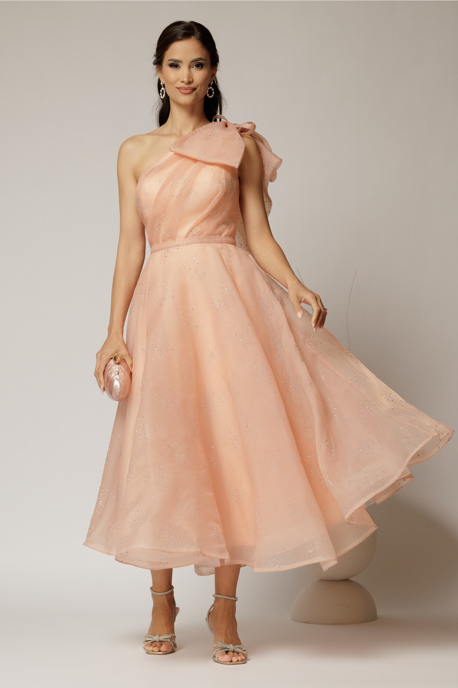 Rochie Midi Organza Somon cu Strass
