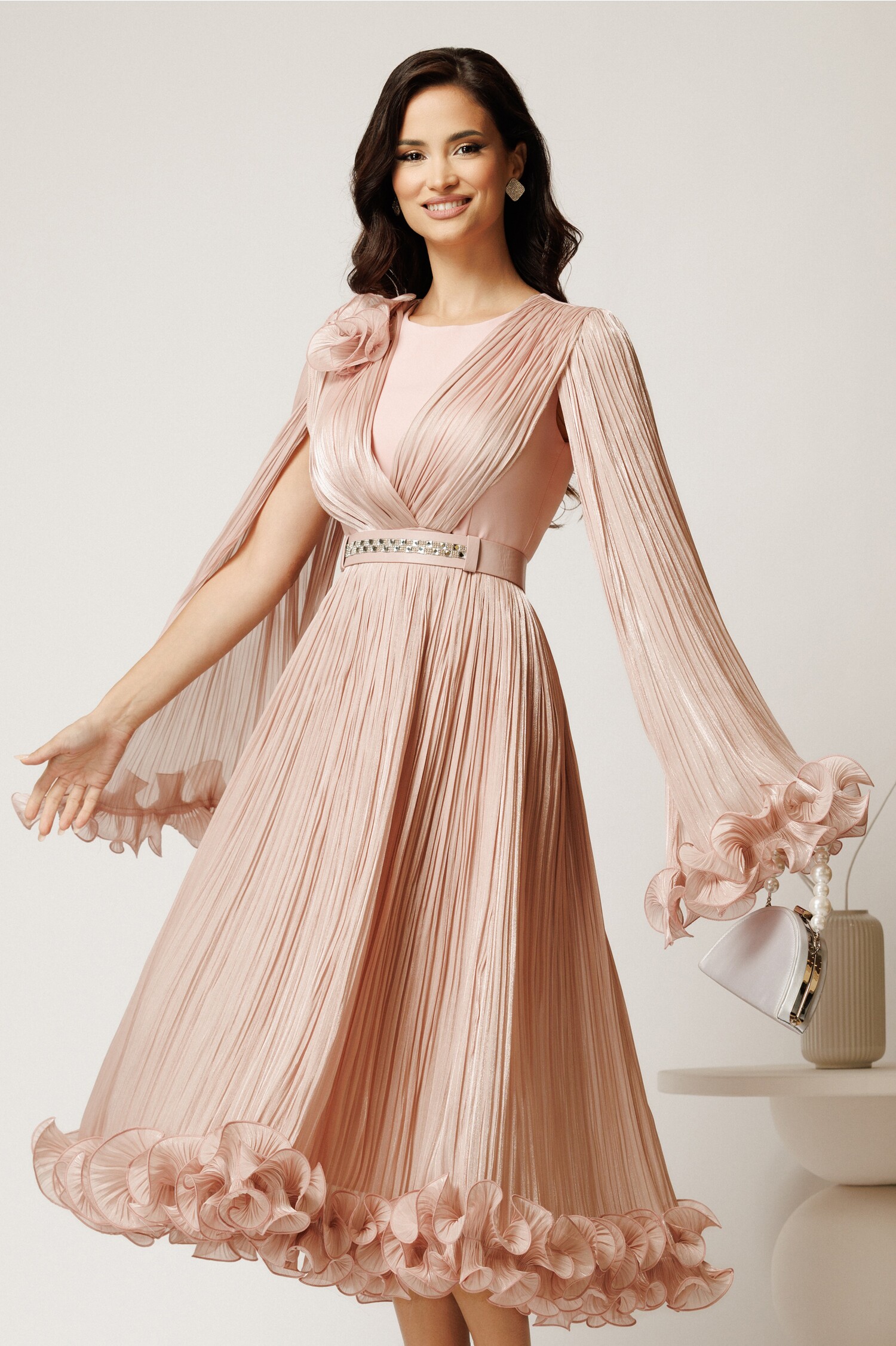 Rochie Midi Roz Eleganta cu Voal Satinat - Cununie Civila