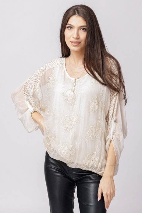Bluză Mătase și Vâscop Bej cu Broderie | Shopika