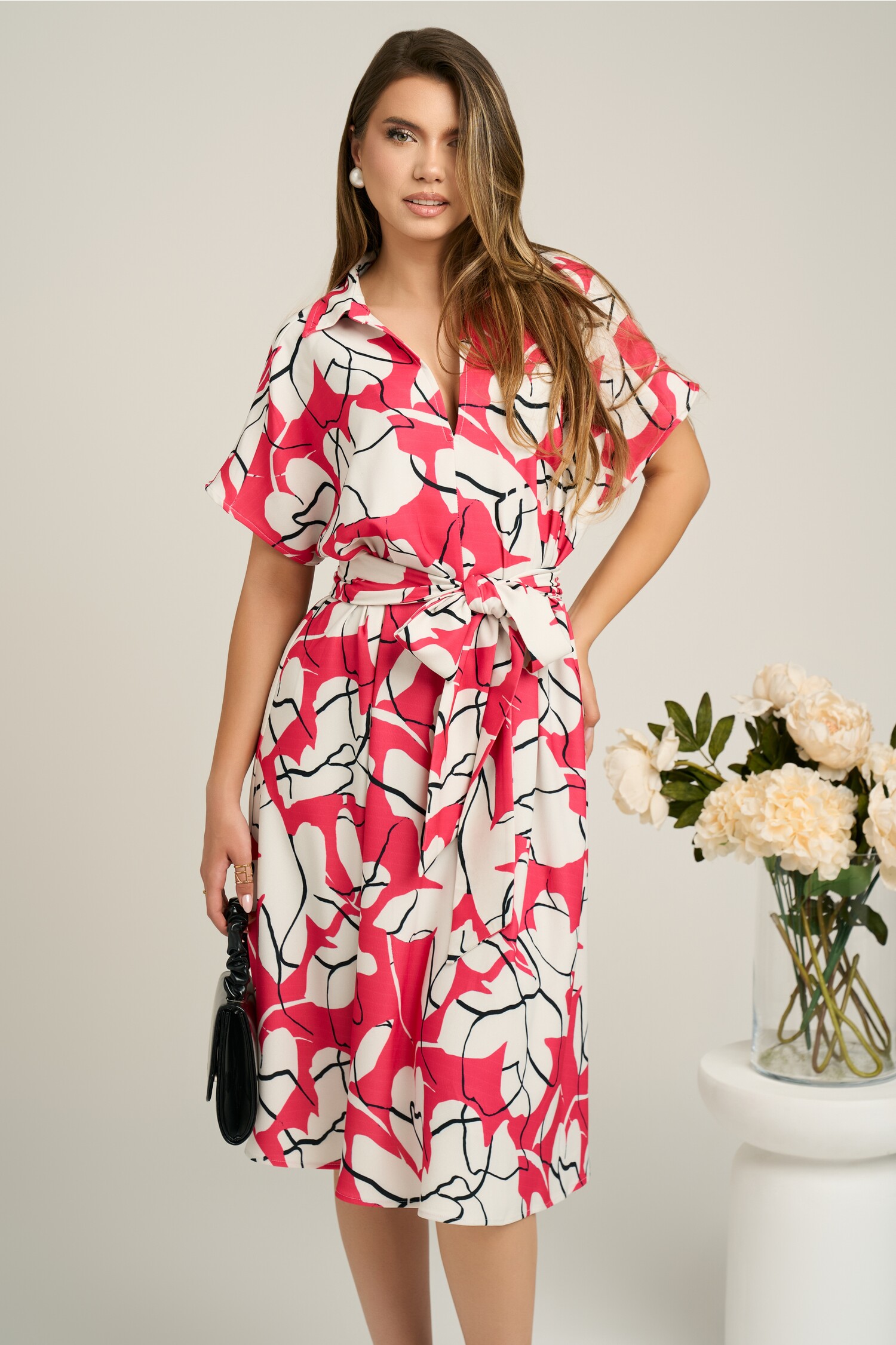 Rochie Alba cu Imprimeu Fucsia si Curea Detasabila