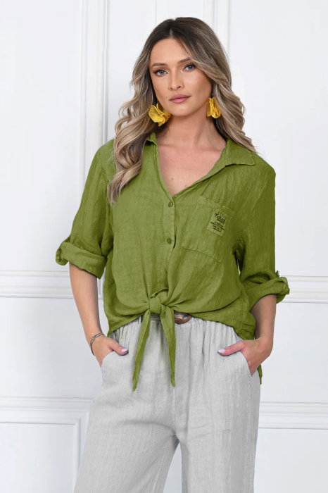 Camasa masura mare, din in, cu nod in fata, verde oliv