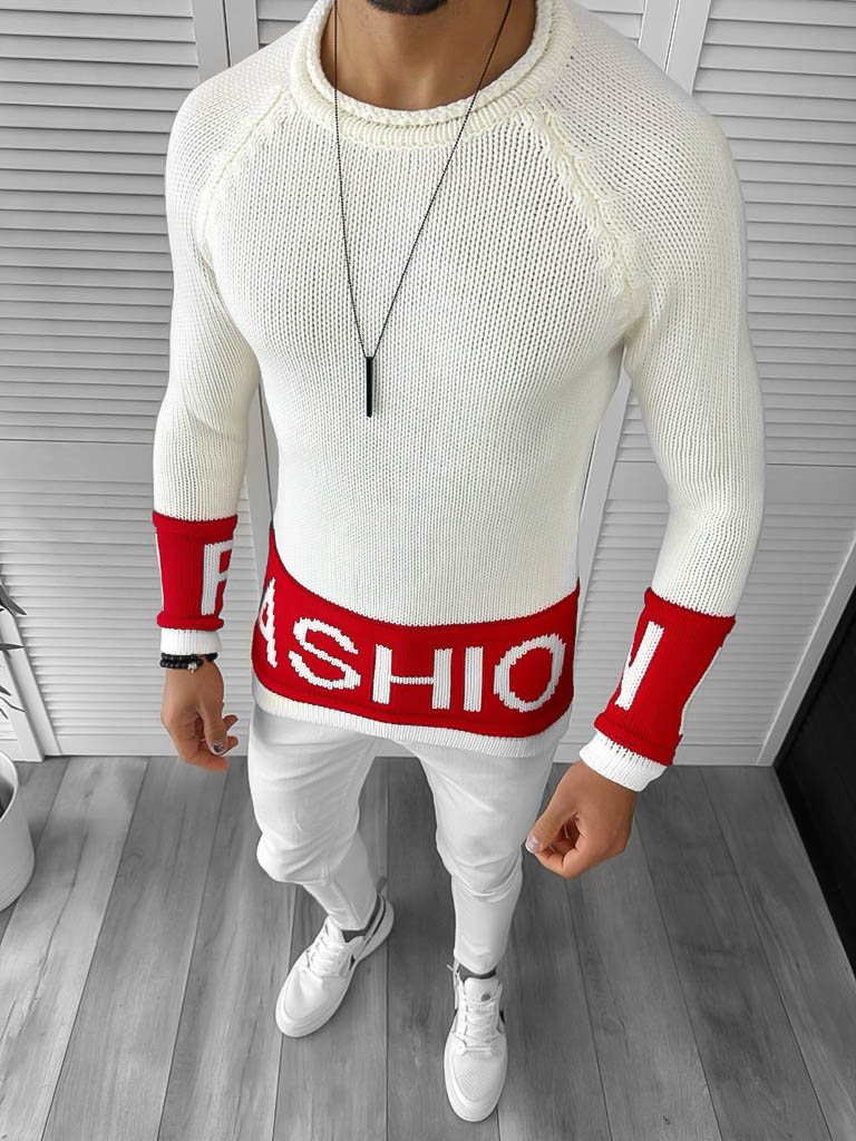 Pulover Barbati Alb Slim Fit Elegant