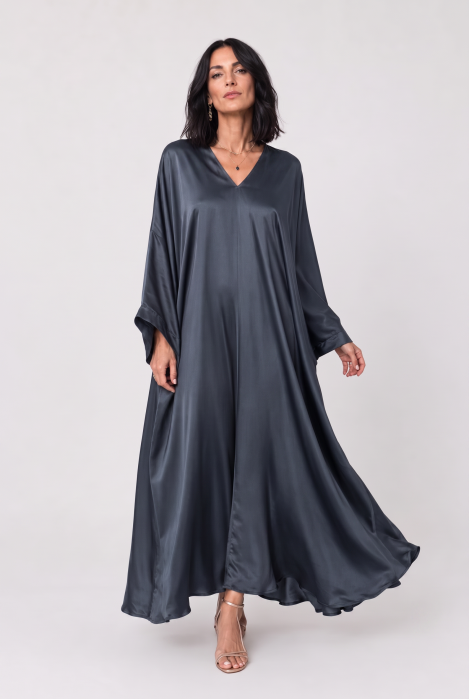 Rochie lunga tip caftan din satin cu matase si vascoza - gri