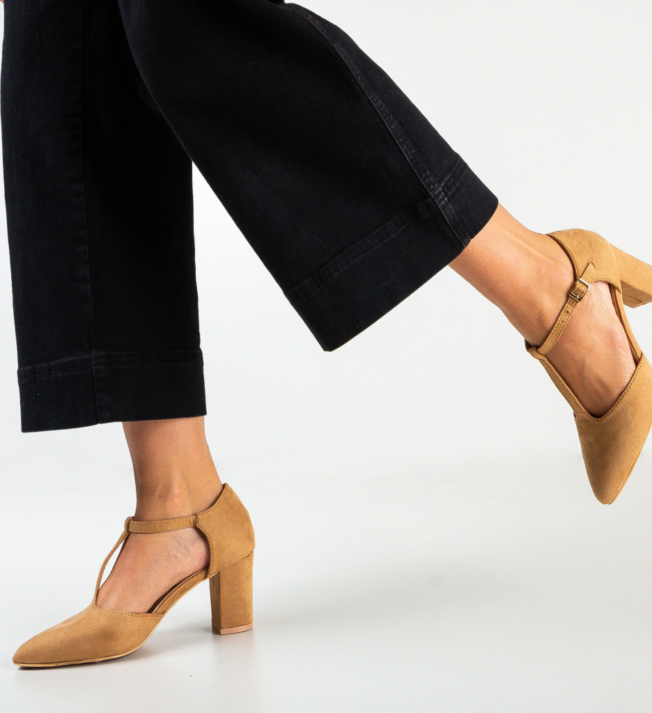 Pantofi Serio Camel eleganți cu toc - imagine 3
