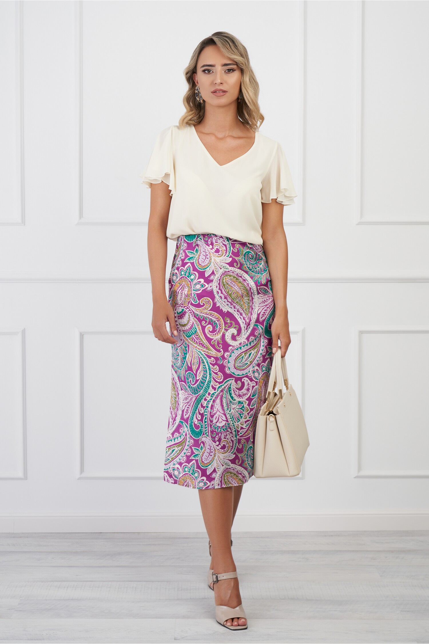Fusta DY Fashion Midi cu Elastic și Imprimeu
