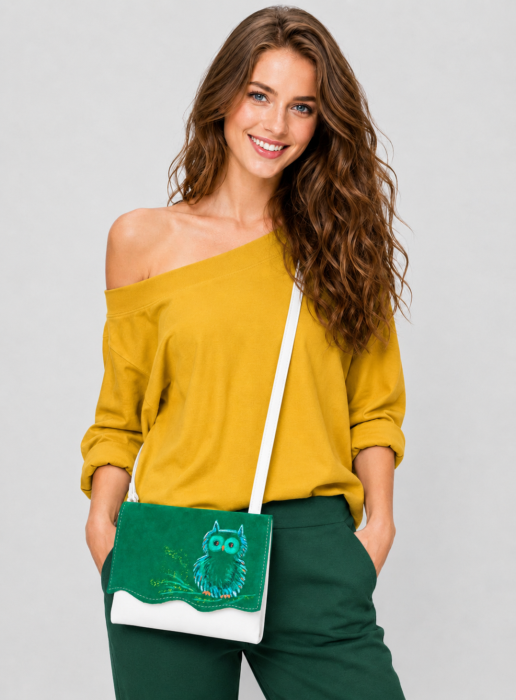 Geanta crossbody handmade, cu bufnita pictata ,din piele naturala