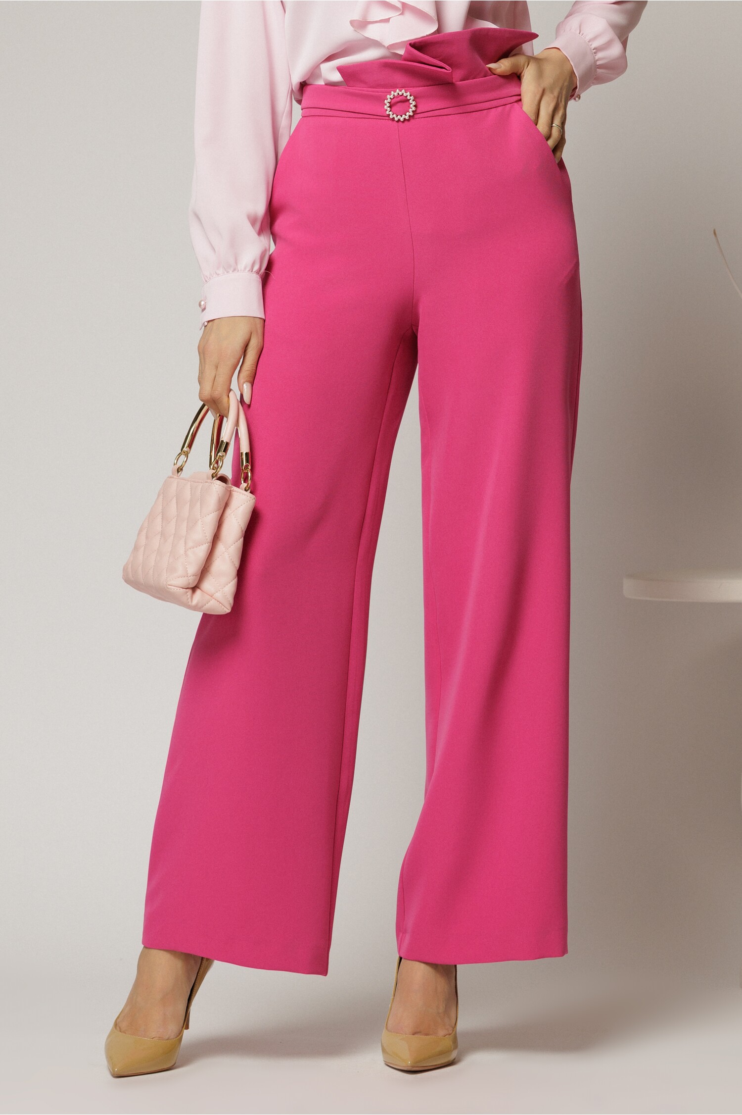 Pantaloni DY Fashion Fucsia Evazati cu Catarama