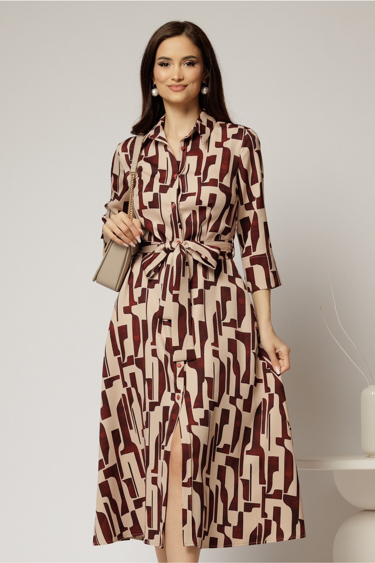 Rochie Midi Bej Cămăși cu Cordon | Stil Elegant