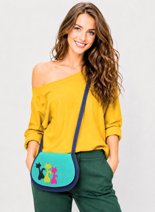 Geanta crossbody handmade, cu pisicute colorate ,din piele naturala