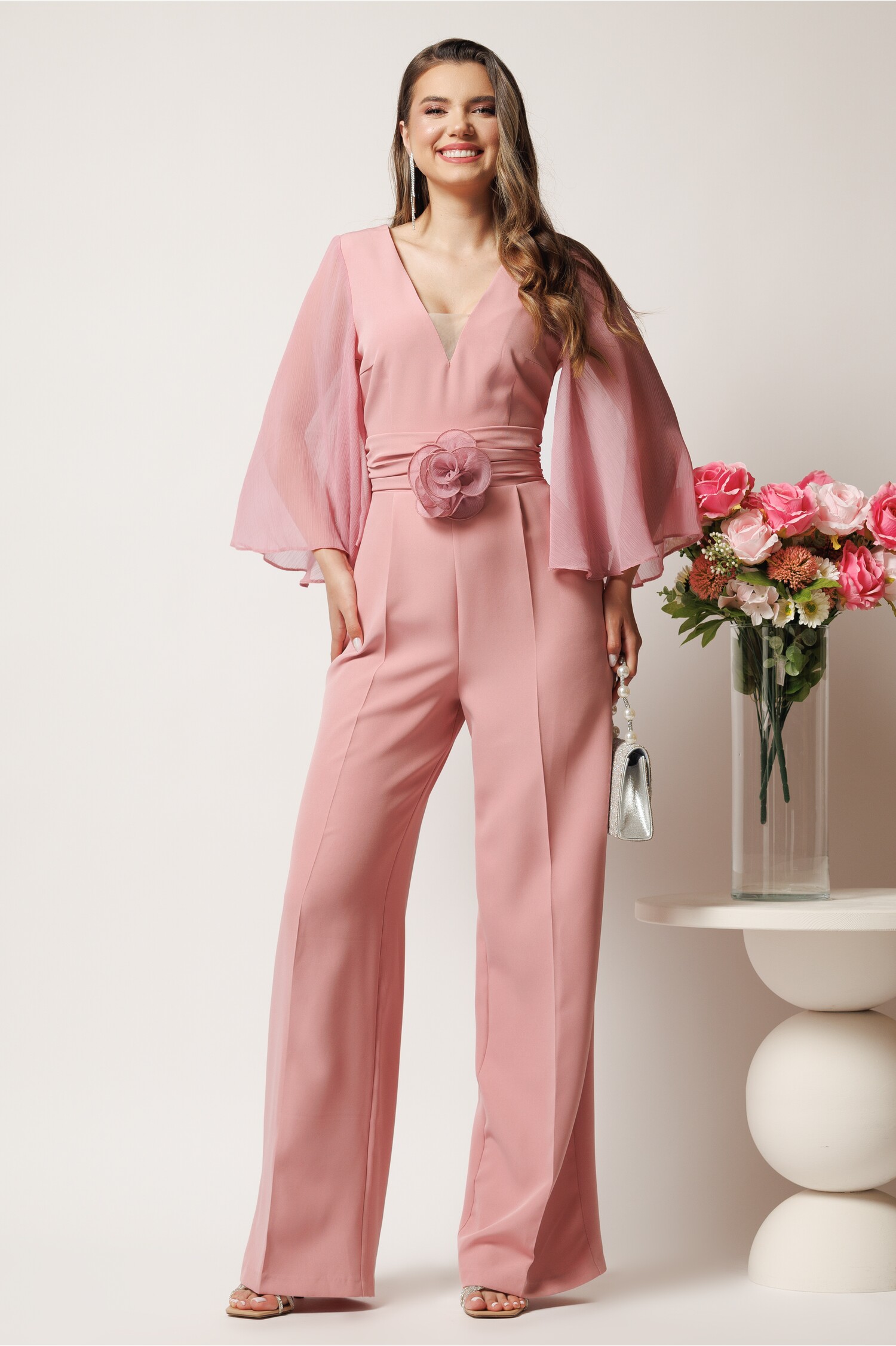 Salopeta DY Fashion Roz Evazată cu Floare