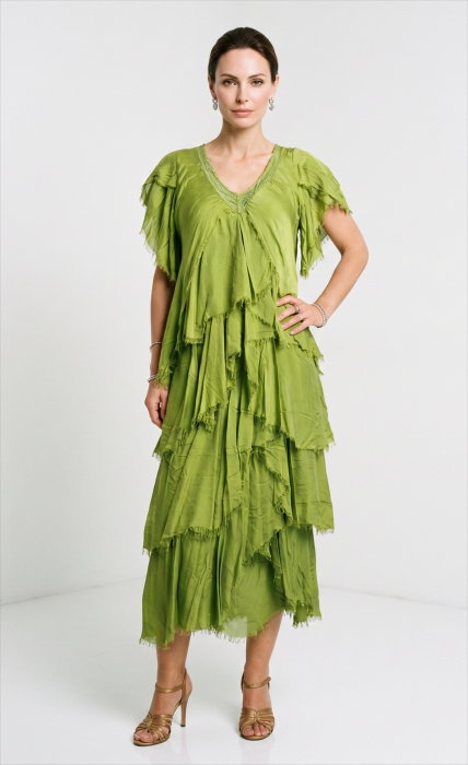 Rochie lunga din matase cu volane suprapuse asimetrice si paiete fine la decolteu, verde olive