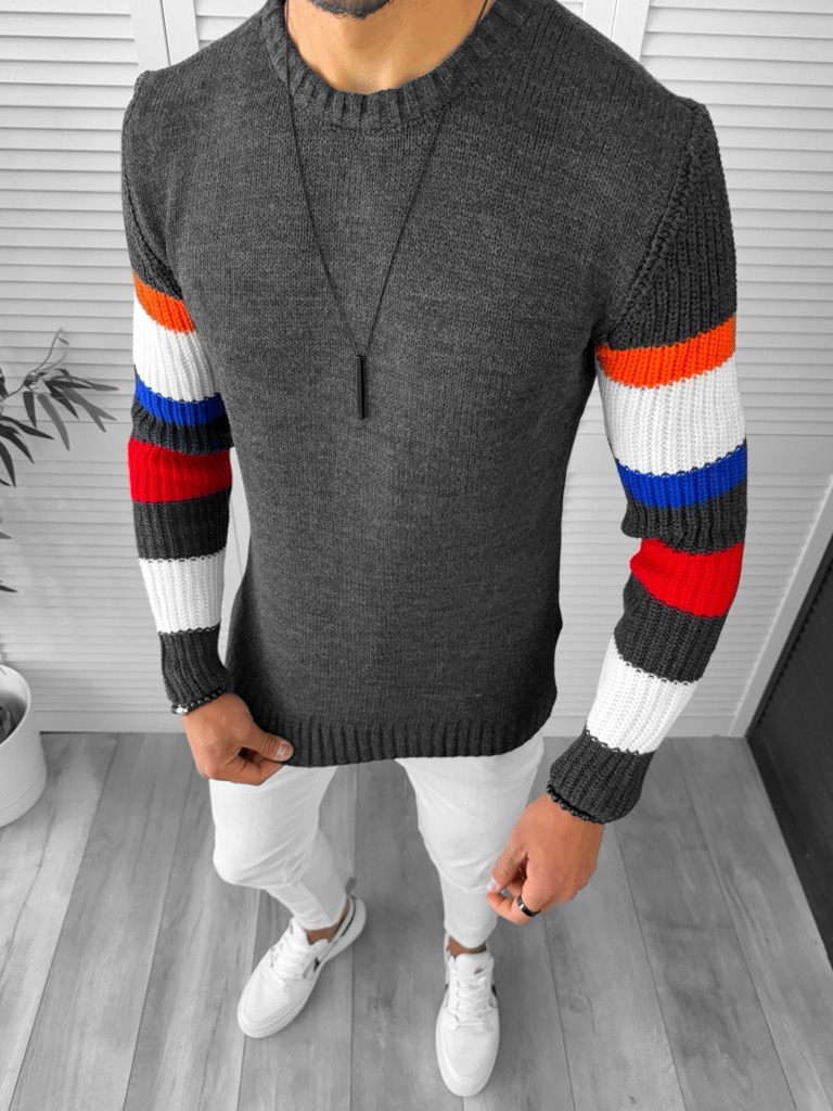 Pulover Barbati Gros Slim Fit Gri Inchis