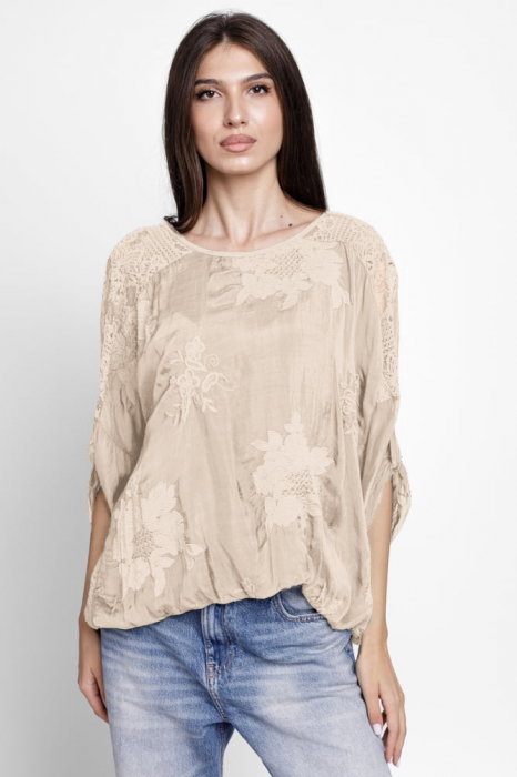 Bluză mătase și vascoză brodată, cu dantelă | Shopika