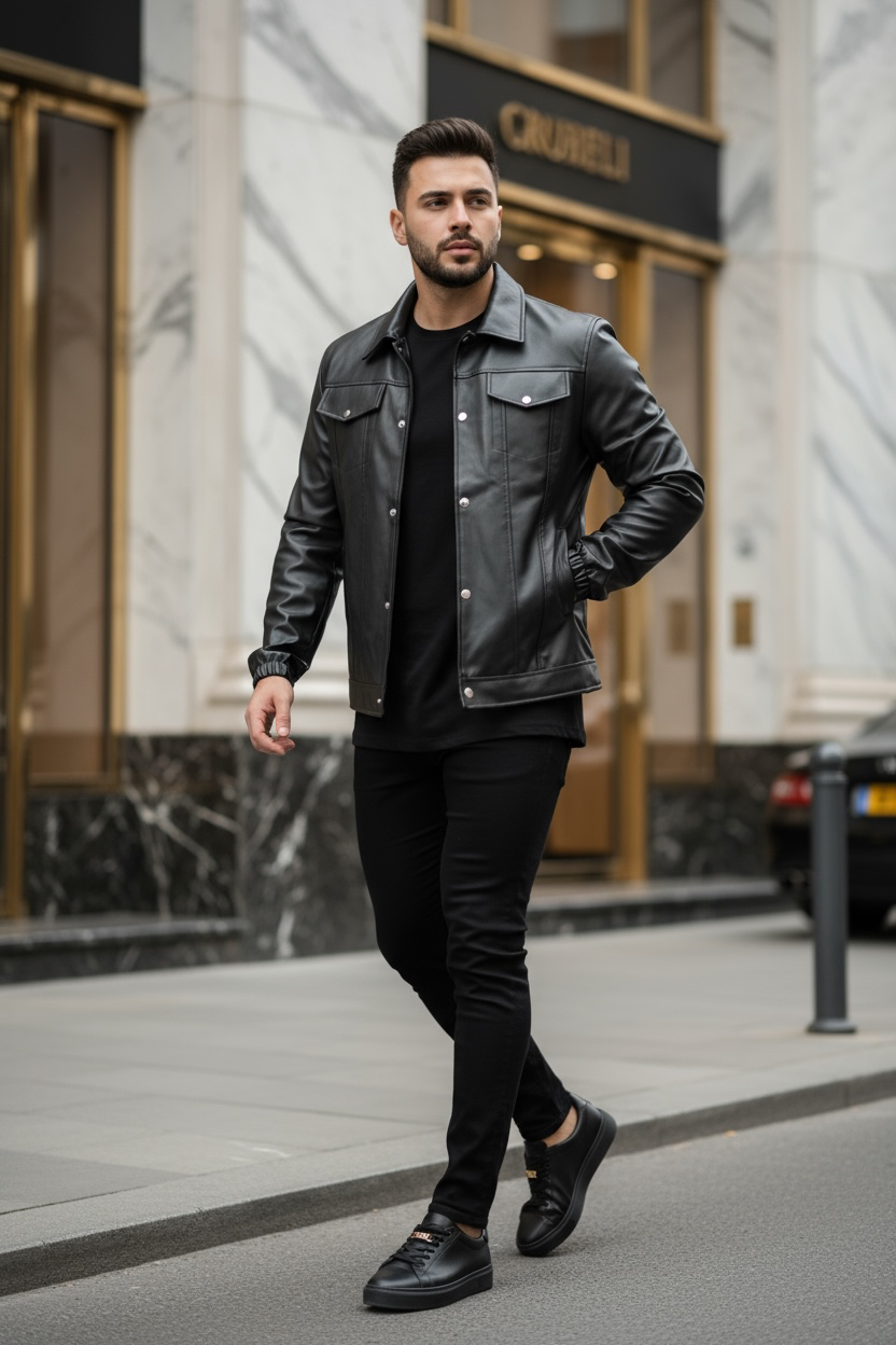 Geaca Barbati Piele Ecologica Slim Fit Neagra - imagine 3