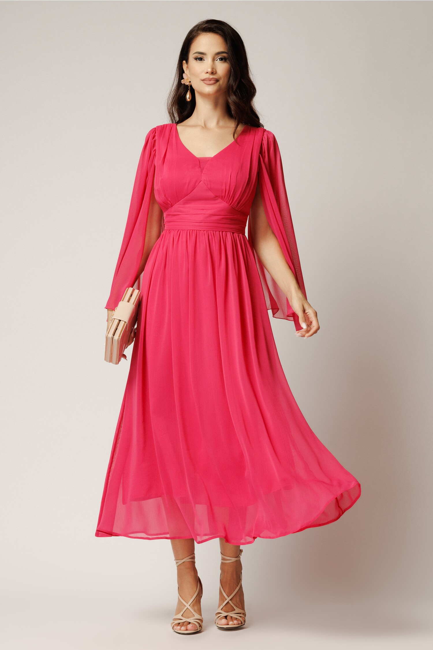 Rochie lungă fucsia elegantă din voal creponat