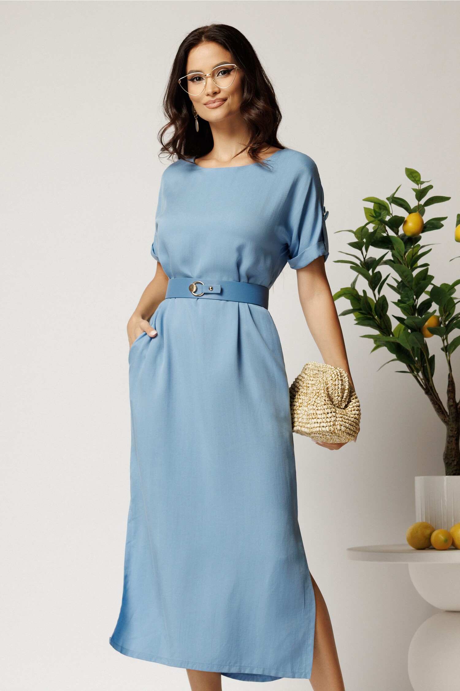 Rochie Midi Tencel Bleu cu Curea - Eleganță și Confort