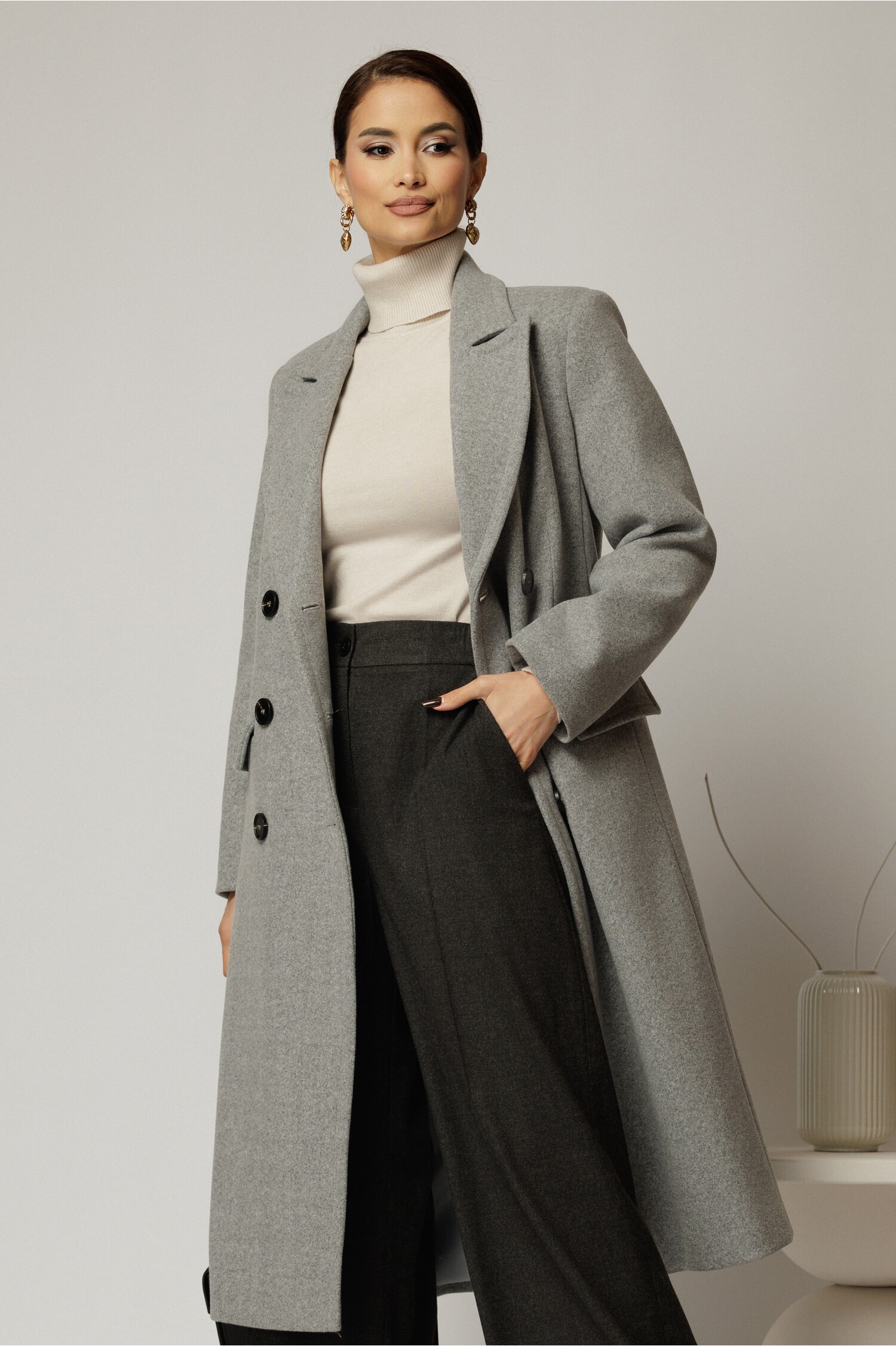 Palton Dama Gri Lung Croi Drept - Eleganță Maximă