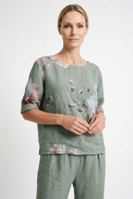 Bluza din in cu imprimeu floral si croi scurt lejer, kaki