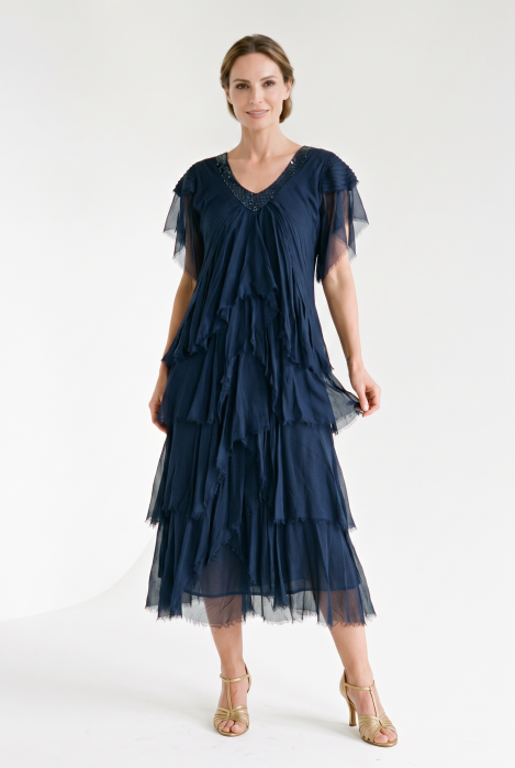 Rochie lunga din matase cu volane suprapuse asimetrice si paiete fine la decolteu, bleumarin