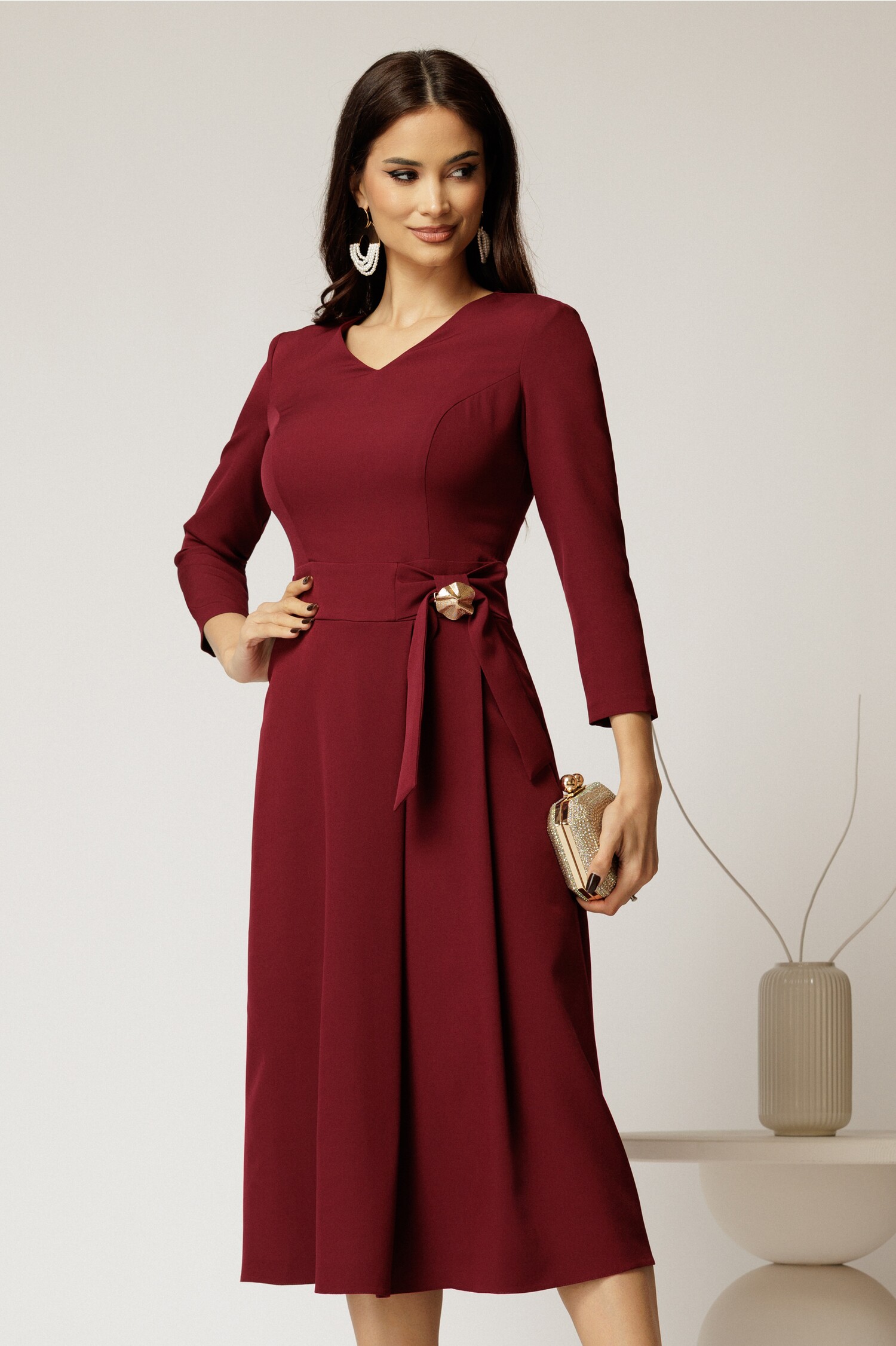 Rochie Eleganta Bordo cu Talie Accentuata