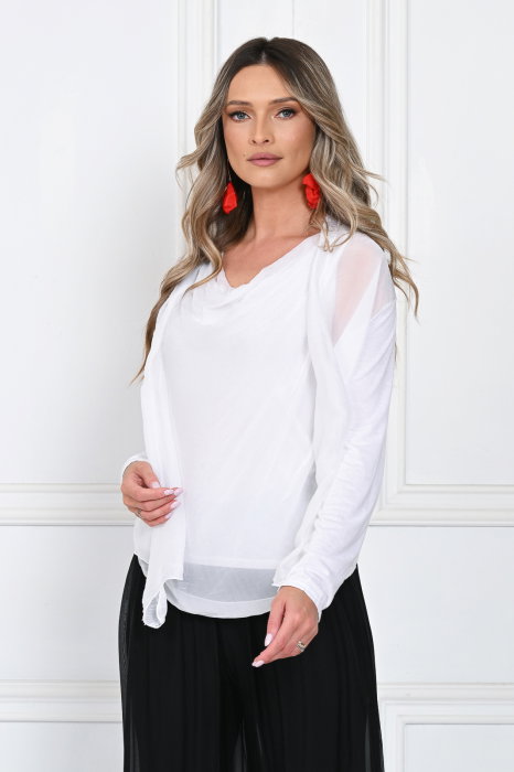 Blazer dama lejer cu design fluid si insertie din matase, croi relaxat, alb