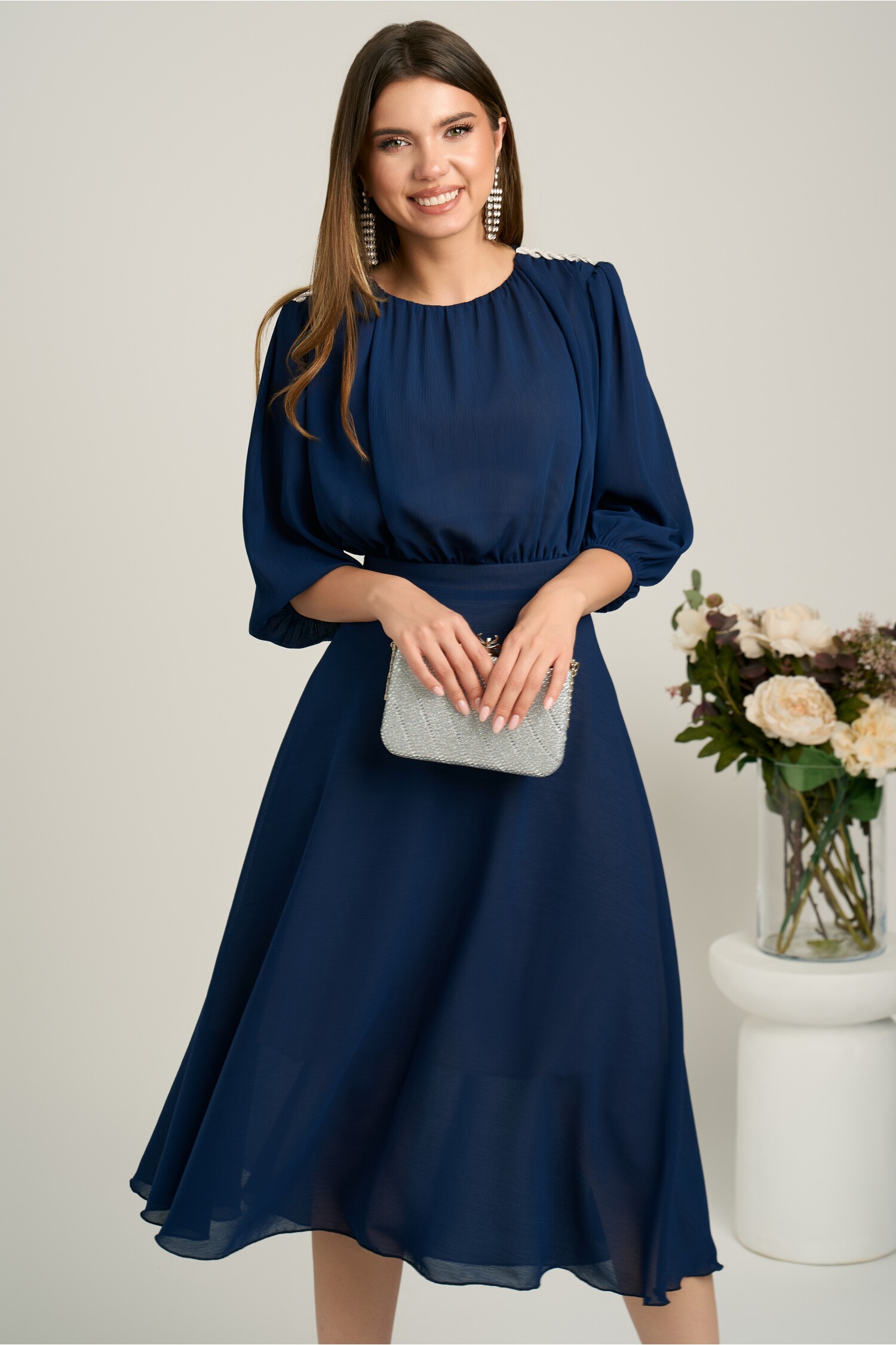 Rochie DY Fashion bleumarin midi din voal elegantă