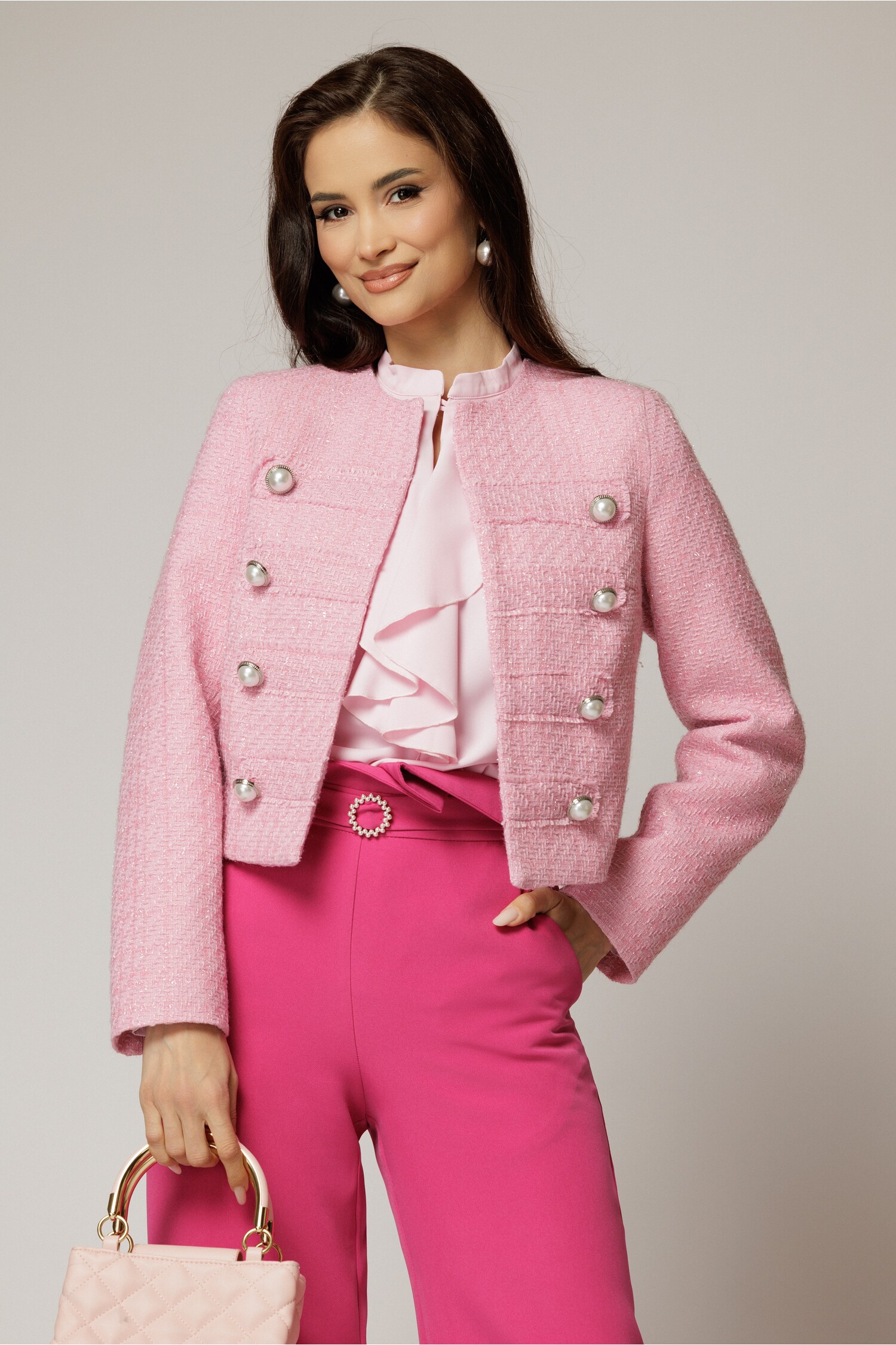 Sacou DY Fashion roz din tweed si nasturi decorativi