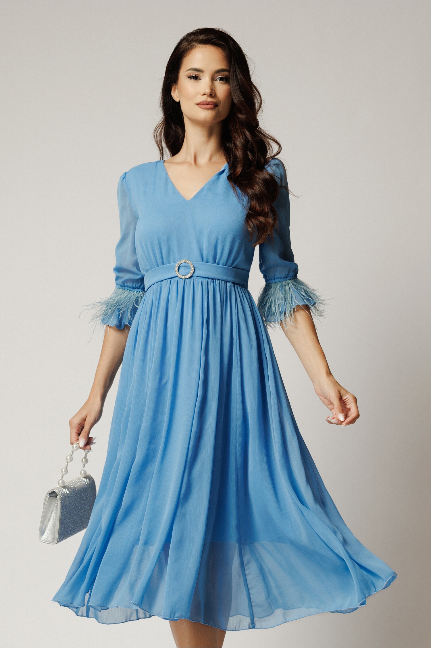 Rochie DY Fashion Bleu Voal cu Pene și Accesorii
