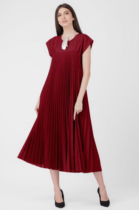 Rochie Plisată Shopika Lungă Bordo | Material Fără Călcare