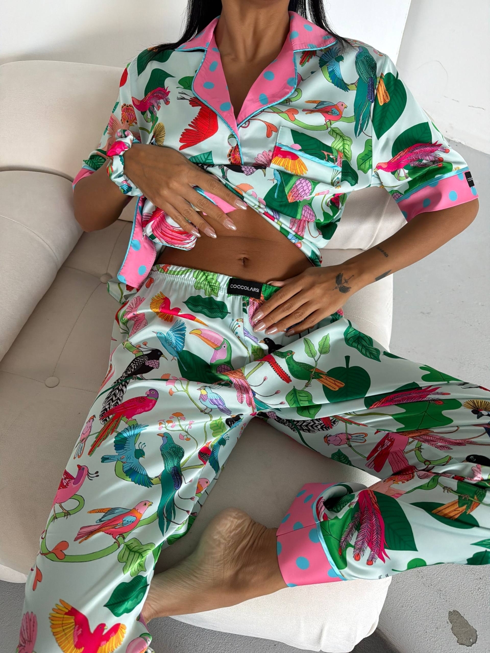 Pijama 2 piese Delis, Satin mat cu nasturi - imagine 6
