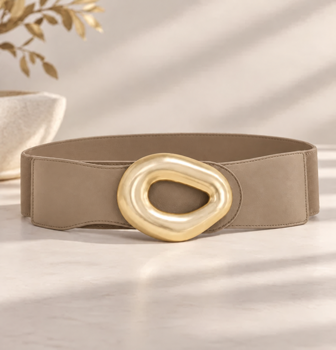 Curea elastica bej fango cu latime de 7 cm, catarama aurie