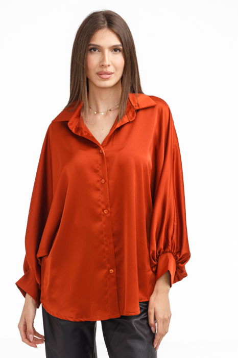 Camașă Satin Cărămidie cu Mâneci Bufante | Shopika