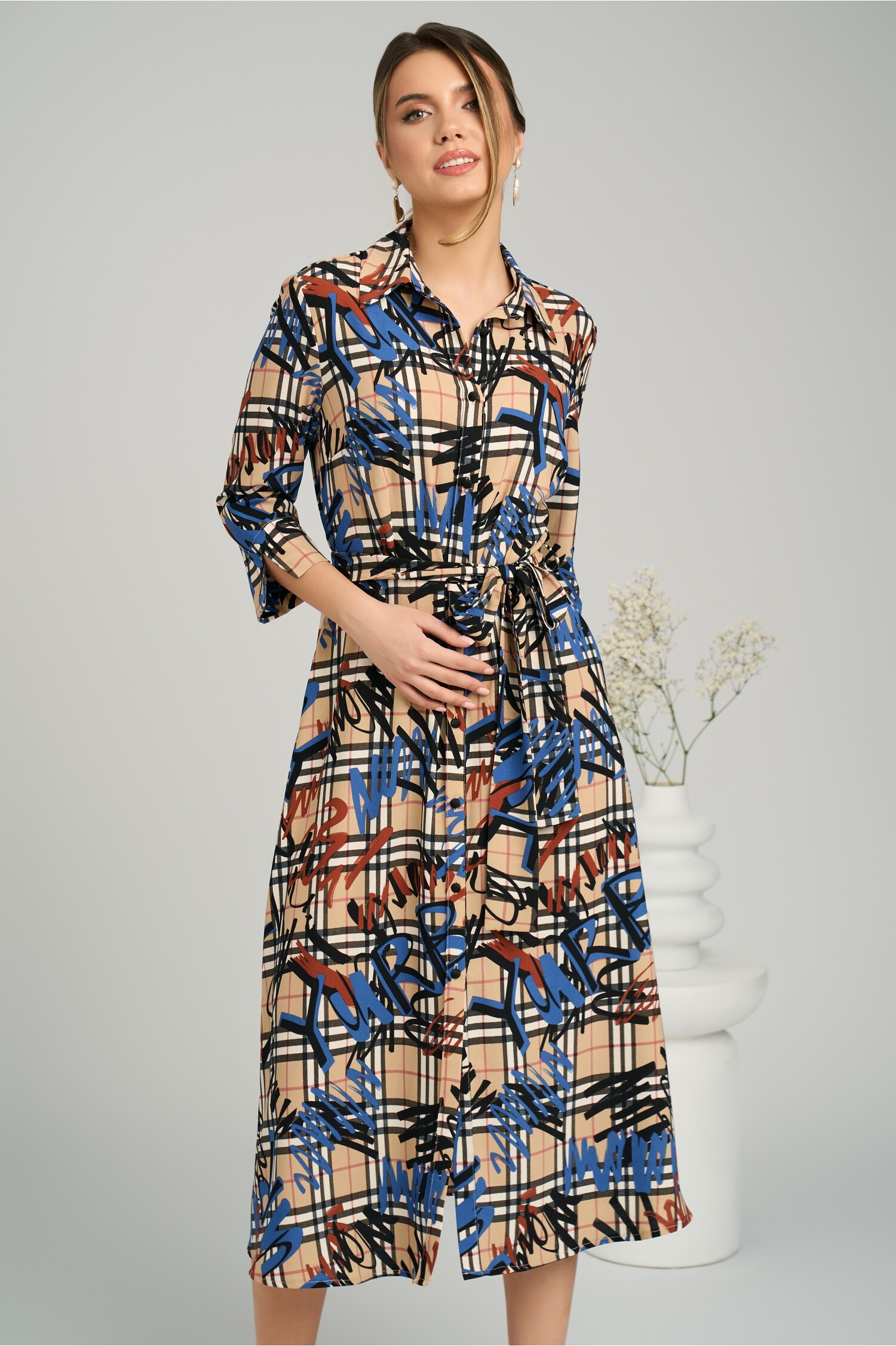 Rochie Office Elegantă din Viscosă cu Imprimeu