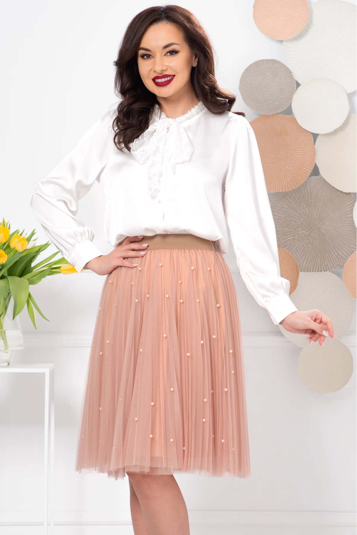Bluza Eleganta Inpuff cu Guler Dantela Ecru