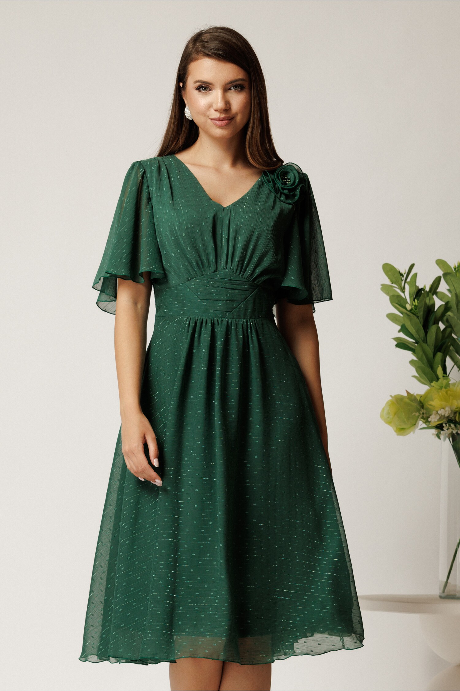 Rochie Midi Verde Elegantă cu Lurex