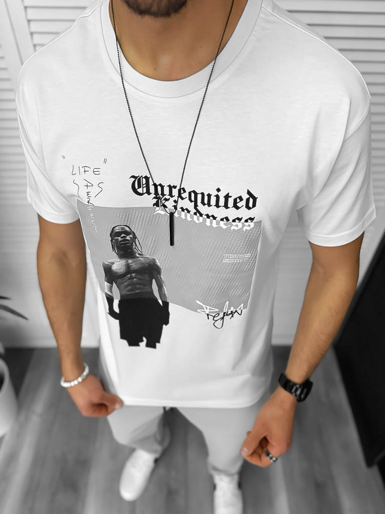 Tricou Barbati Alb Slim Fit cu Imprimeu