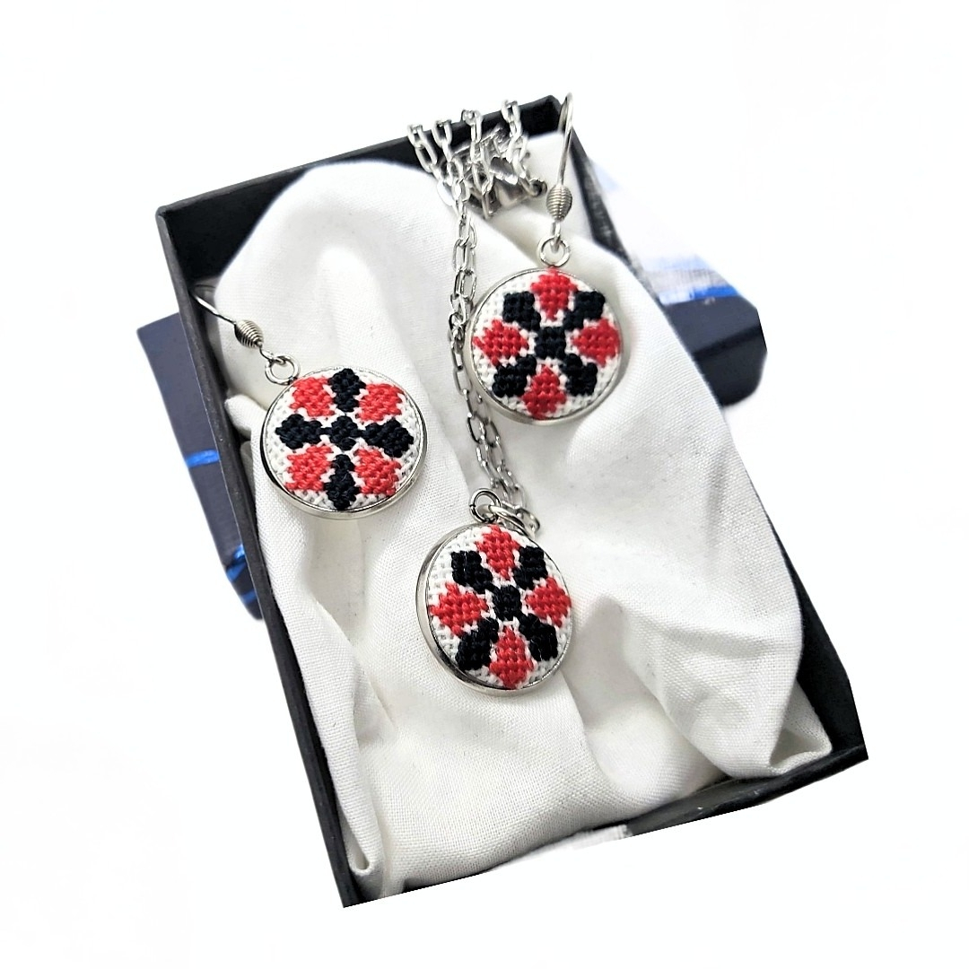 Set bijuterii inox broderie traditionala model etno rosu
