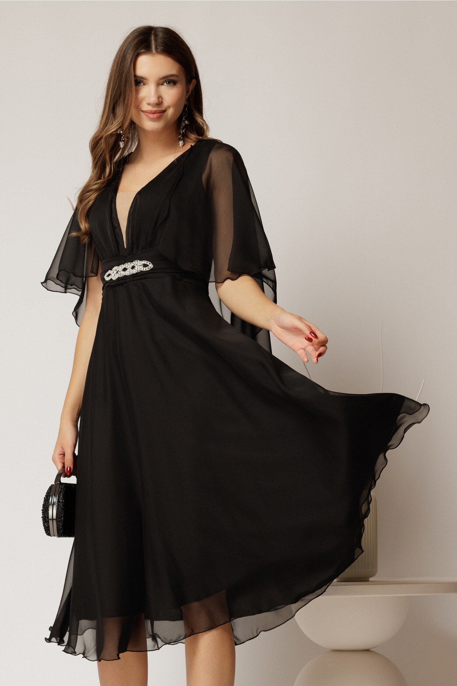 Rochie DY Fashion Voal Negru cu Capă Sofisticată