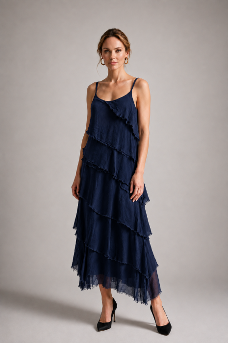 Rochie lunga din matase si vascoza cu volane suprapuse oblic si croi vaporos, bleumarin