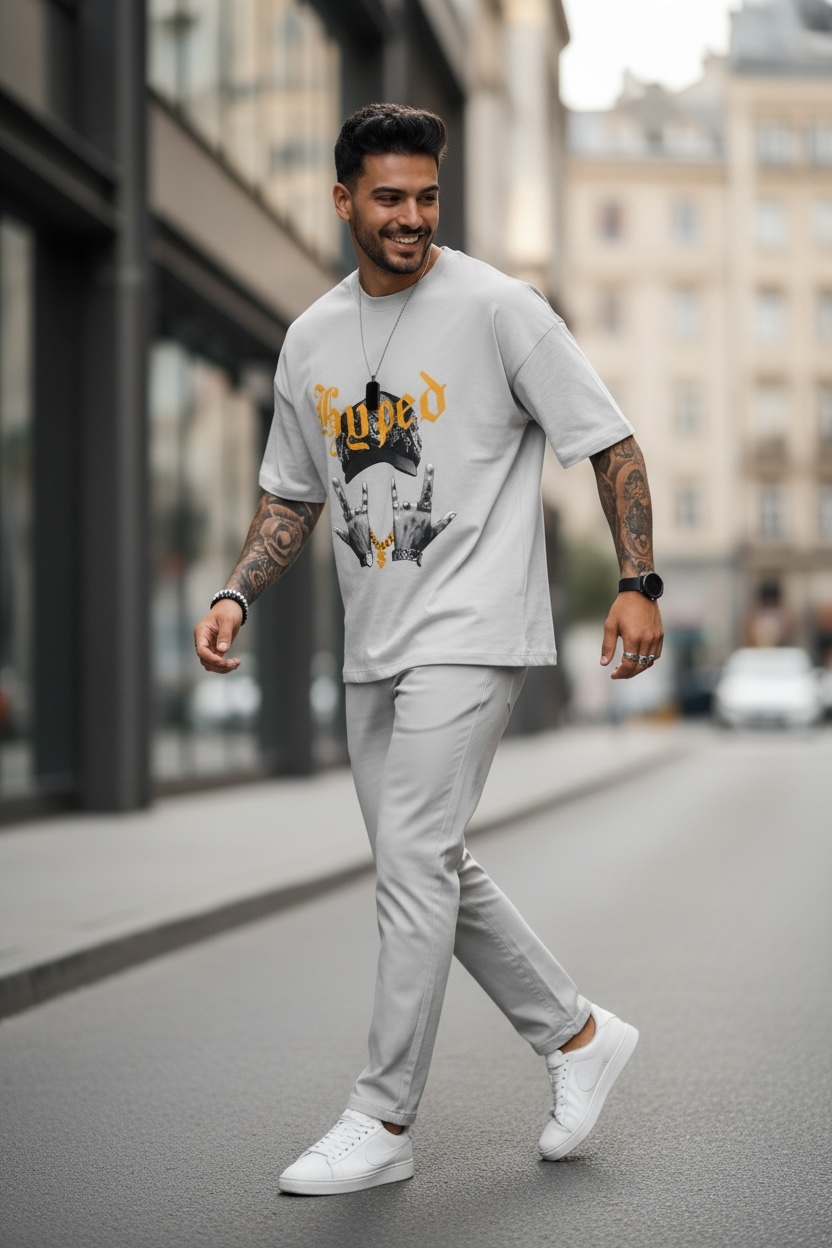Tricou Barbati Gri Oversize cu Imprimeu - Stil Modern - imagine 2