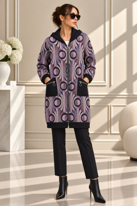 Cardigan oversize cu motive jacquard in nuante de mov, gluga neagra si croi lejer ,   stil urban-chic