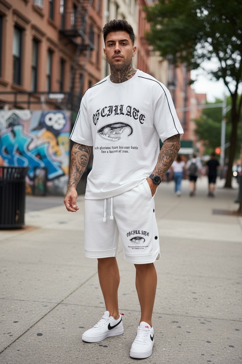 Compleu Vară Alb Tricou + Pantaloni Bumbac